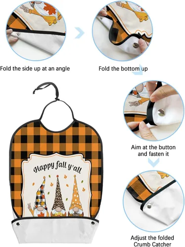Vista 6 de QueenKer Funny Adult Bibs for Eating, Happy Fall Y'All Gnome Orange Black Plaid Waterproof Clothing Protector Washable Adult Bib with Crumb Catcher