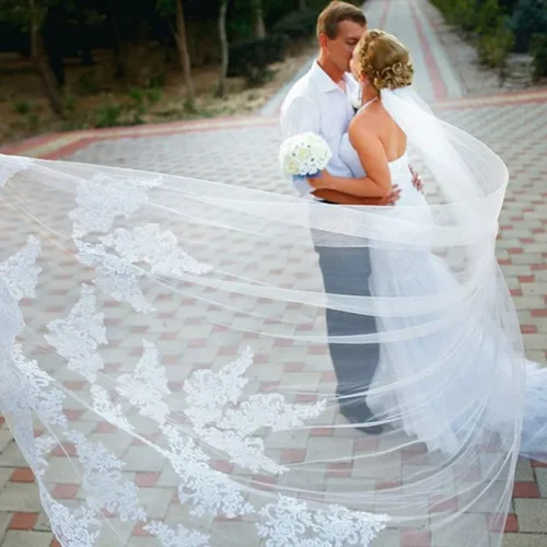 Vista 2 de Velo de boda de una sola capa Lianshi velo de novia bordado de encaje suministros de novia 9.8ft, Blanco
