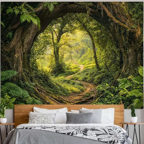 Vista 4 de Kanuyee Tapiz de bosque verde, tapiz de paisaje para pared, tapices de naturaleza para techo y pared, colgante para dormitorio, sala de estar