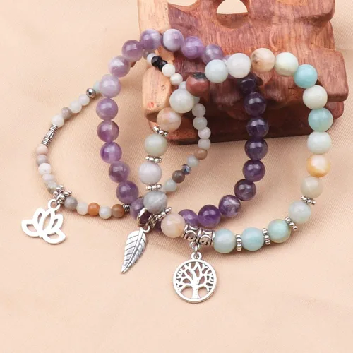 Vista 3 de UEUC - Pulseras Reiki, apilables, de piedras curativas, cristales, con dije del árbol de la vida, yoga y hoja de loto, contra la ansiedad