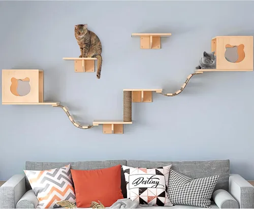 Vista 8 de PETKABOO - Muebles de pared para gatos, muebles de pared de pino para gatos, estantes de escalada con escalador, condominio, poste rascador