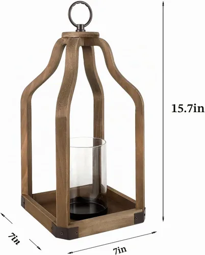 Vista 2 de Portavelas de linterna de madera rústica para decoración de granja - Centro de mesa para interiores y exteriores con linterna de vidrio, 15.7