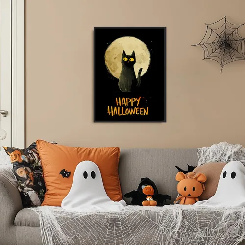 Vista 6 de Bonito arte de pared de gato negro de Halloween, divertido póster de lienzo de luna llena con ojos amarillos y cita de Feliz Halloween