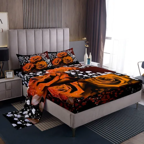 Vista 11 de Juego de sábanas femeninas de flores de rosas rojas, tamaño individual, juego de ropa de cama para el día de San Valentín, decoración de habitación