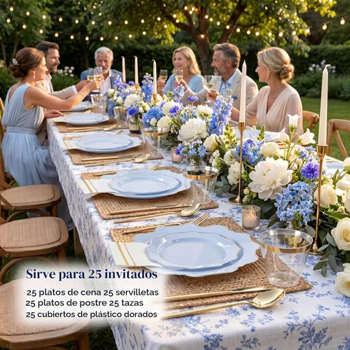 Vista 2 de WDF 175 piezas platos de plástico azul – Platos azul bebé resistentes desechables – Vajilla de plástico para 25 invitados, ideal para Bule y Oro