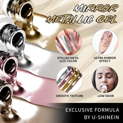 Vista 2 de Juego de esmaltes de gel de pintura de espejo metálico de 4 x 0.4 fl oz, esmalte de uñas de gel pintado con efecto cromado espejo, gel de dibujo