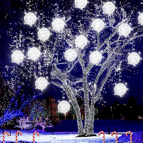 Vista 11 de Luces de Bolas de Navidad para Exteriores, Luces de Árbol Impermeables, Paquete de 4 Luces LED Colgantes de Globo Esfera de 7.87" con 8 Modos