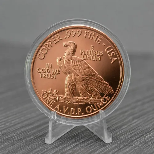 Vista 4 de Réplica de Águila de Oro India de 1907, $10, 1 onza de cobre puro .999, redonda, coleccionable, moneda de 39 mm en cápsula - COA de Heavenly Metals