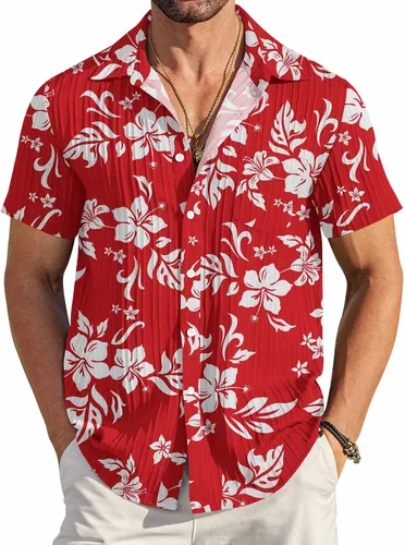 Vista 41 de COOFANDY - Camisas de botones casuales para hombre, de manga corta, con textura, camisa de playa de verano con bolsillo