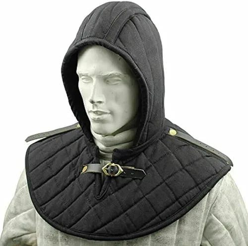 Vista 2 de Gambeson - Capucha medieval de algodón con Collier SCA, protector de armadura con armadura medieval renacentista acolchada, color negro, Negro