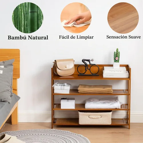Vista 5 de latifolia Zapatero de bambú, organizador de 4 niveles para entrada, sala de estar (marrón, 31.40 pulgadas de largo)