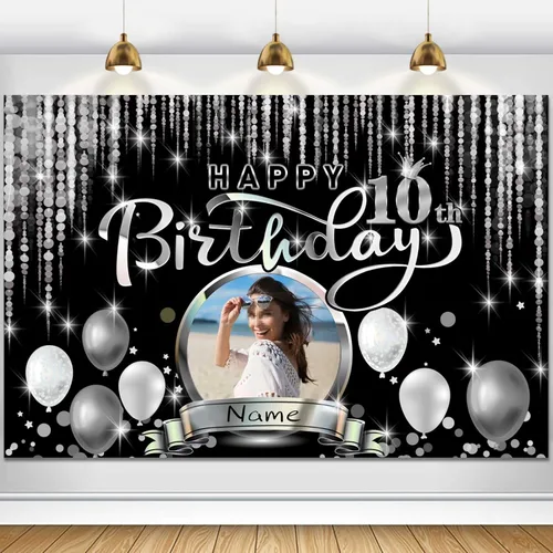 Vista 36 de Cartel de decoración de feliz cumpleaños número 100 personalizado - Personalización disponible - Negro y plateado - Tamaño grande - Admite fotos