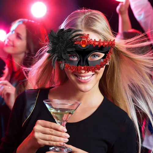 Vista 6 de SIQUK Juego de máscaras para parejas, máscara veneciana, máscara de plástico para disfraz de Halloween, máscara de Mardi Gras para mujeres y hombres