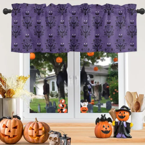 Vista 2 de [Usado] Cortinas de cocina de Halloween para ventanas, cenefas moradas de fantasma, mansión encantada para cafetería, baño, sala de estar, 1 panel