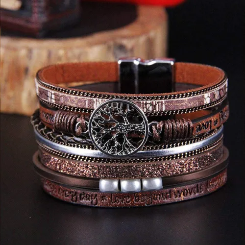 Vista 2 de TGLS Pulseras de cuero con diseño del árbol de la vida para mujer, varias capas, para amigos, hermanas, regalos de cumpleaños