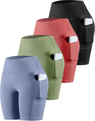 Vista 8 de CHRLEISURE - Pantalones cortos de ciclismo para mujer con bolsillos de licra, cintura alta, con control de abdomen para entrenamiento, yoga