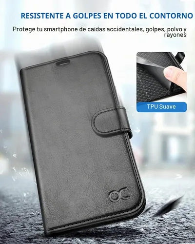 Vista 6 de OCASE Funda tipo cartera compatible con iPhone 13, de piel sintética con tapa tipo folio, con tarjetero, bloqueo RFID, soporte
