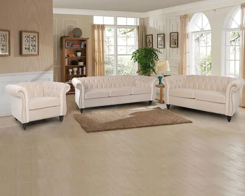 Vista 3 de RARZOE Chesterfield - Juego de sofá biplaza, beige, espuma, 1+2 plazas, 67 pulgadas de ancho x 32 pulgadas de profundidad x 27 pulgadas de alto