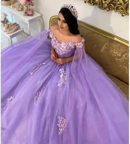 Vista 5 de XYAYE Vestido de quinceañera con hombros descubiertos y flores 3D para mujer, vestido de baile con capa de encaje con cuentas hinchadas, vestido