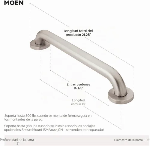 Vista 2 de Barra de apoyo Moen SecureMount, R8918W Glacier