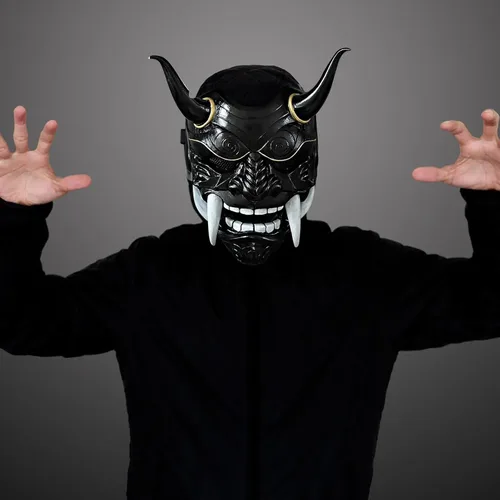 Vista 7 de HTLNUZD Máscara completa de látex de Halloween, máscara de cosplay japonesa para PrajnaHeadgear Samurai Evil KabukiHannya Party Mask Decora Negro