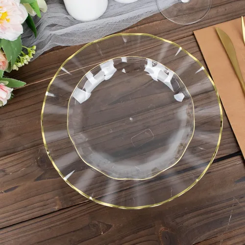 Vista 185 de Tableclothsfactory Paquete de 10 platos redondos de plástico negro de 6 pulgadas para ensalada de postre, platos desechables con borde ondulado