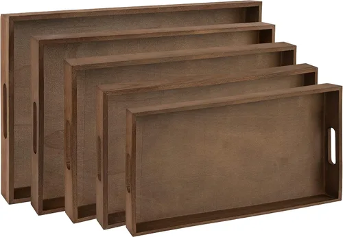 Vista 7 de Bandeja para servir de madera oscura con asas, bandeja de desayuno anidada, bandejas de baño y buffet para servir y organizar