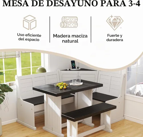 Vista 3 de Rincón de Desayuno Mesa de Comedor de Esquina de Cocina Juego de Banco y Silla, con Puertos de Carga, Almacenamiento Oculto que Ahorra Espacio 3-5