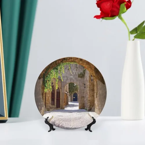 Vista 6 de Plato decorativo de 6 pulgadas, cerámica toscana, antigua calle italiana en pequeña ciudad provincial de Italia, placa de exhibición europea hecha a