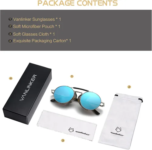 Vista 6 de VANLINKER Steampunk Sunglasses for Men Women Polarized Retro Round Side Shield Vintage Metal Frame UV400 Protection VL9504