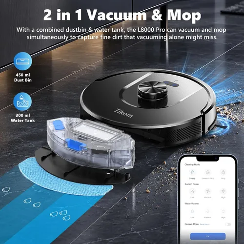 Vista 4 de Tikom Robot Aspirador y fregona Combo, 6000Pa Aspirador Robótico Automático Pitch Black