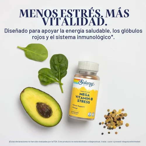 Vista 4 de SOLARAY Mega Vitamina B-Estrés, Complejo vitamínico B de liberación programada con 1000 mg de vitamina C para el estrés, la energía y el apoyo a