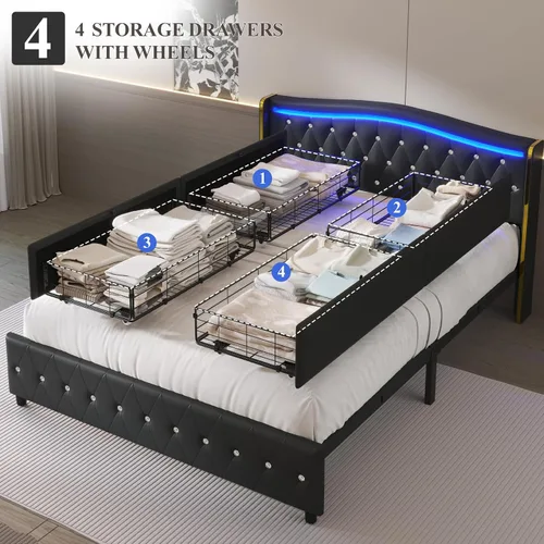 Vista 9 de E-Motie Base de cama tamaño completo con cabecera tipo wingback, plataforma tapizada con luces LED RGB, estación de carga, 4 cajones