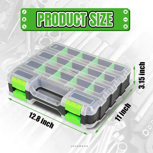 Vista 2 de Jack Boss Caja de herramientas con tapa transparente, caja organizadora de 34 compartimentos de doble cara con divisores extraíbles para herrajes