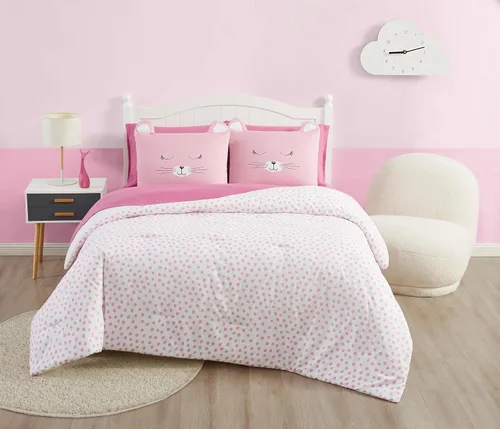 Vista 8 de My World Colección Cat Nap, cama de 7 piezas en una bolsa, tamaño matrimonial, rosa/blanco