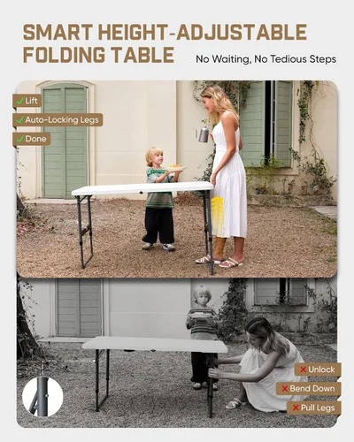 Vista 3 de FanttikOutdoor Folding Table 4 Foot Quick Adjust Portable Plastic 4 Heights Granito blanco