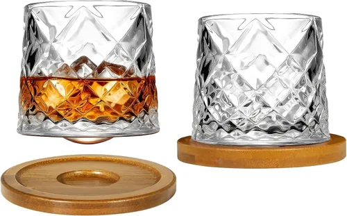 Vista 9 de Vaso de vidrio antiguo giratorio, 275ml/10oz Juego de vasos de whisky de cristal de 2 piezas, posavasos de madera, engrosamiento, utilizado como