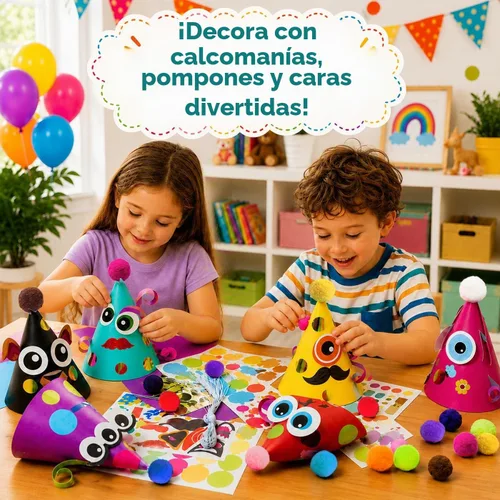 Vista 3 de Sombreros de fiesta de Glittery Garden para niños, arte y manualidades. Divertido kit de actividades de cumpleaños con pegatinas. Adorno de fiesta