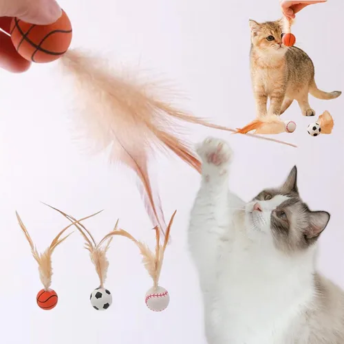 Vista 7 de 3 bolas interactivas de plumas para gatos, bolas de pompón para gatos, juguetes para gatos, bolas inflables con plumas para gatos