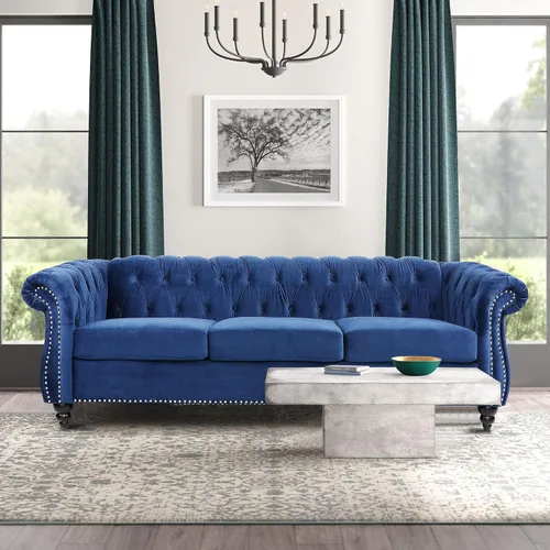 Vista 3 de Sofá Chesterfield, Sofá Moderno de Terciopelo Capitonado de 3 Plazas con Brazos Enrollados y Tachuelas para Sala de Estar, Dormitorio, Oficina, Azul