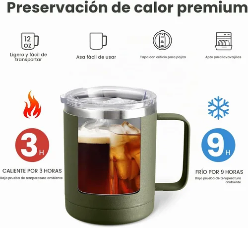 Vista 3 de MEWAY - Taza de café con asa, vaso térmico Verde militar