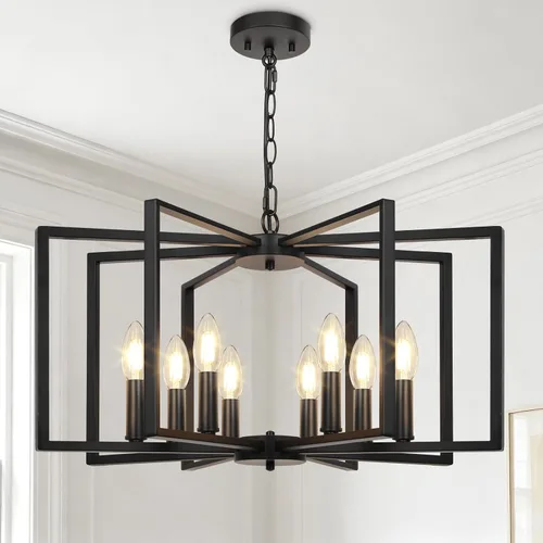 Vista 8 de Candelabro negro de granja, lámpara geométrica de 6 luces para comedor, moderna lámpara de techo industrial de metal, luces colgantes rústicas