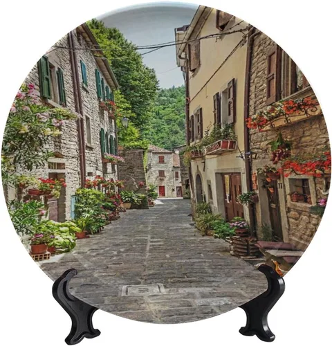 Vista 32 de Plato decorativo colgante de cerámica con temática de paisaje, plato decorativo redondo de plantas en maceta, con soporte decorativo, para sala