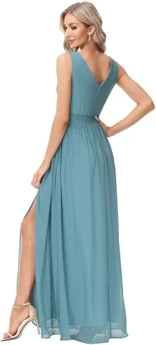 Vista 2 de Beauty-Emily Vestido de fiesta de gasa semiformal sin mangas con cuello en V