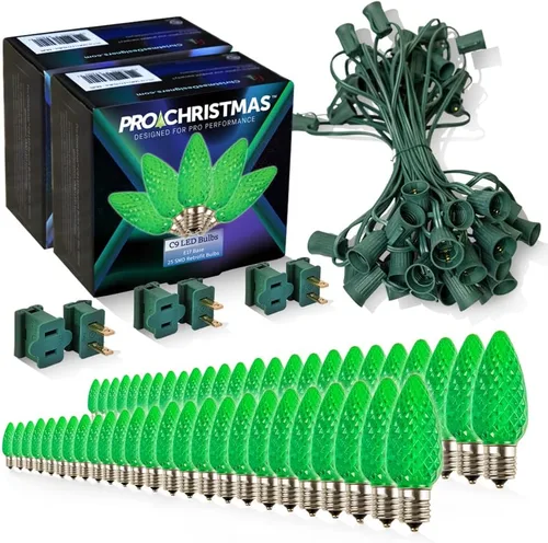 Vista 65 de Pro Christmas - Kit de luces C9 para exteriores, blanco cálido, cable verde, 50 bombillas, 50 pies