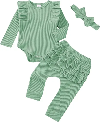 Vista 13 de Ropa de bebé para niña recién nacida, conjunto de trajes de otoño e invierno, mameluco de manga larga con volantes acanalados, juego de 3 piezas