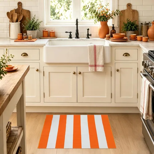 Vista 3 de USTIDE Orange White Stripe Woven Door Mat 2'x3' Washable Woven Striped Rug Orange&white Bold