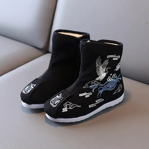 Vista 3 de 1-12T Botas de tacón alto para niños, zapatos de tela bordados, zapatos Hanfu para niños, botas de año chino, zapatillas para niñas