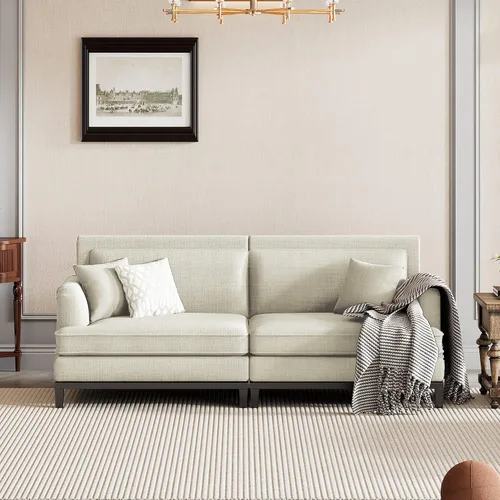 Vista 13 de Quarte Sofá modular moderno de 4 plazas con bolsillos para reposabrazos y 4 almohadas, sofá minimalista de tela de lino para sala de estar Gris