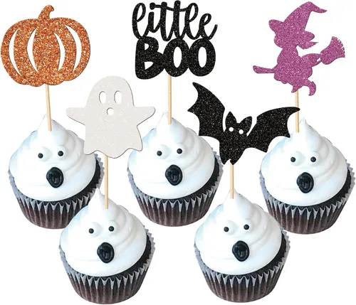 Vista 20 de Rsstarxi Paquete de 24 adornos para cupcakes Little Boo con purpurina, bruja, gato, calabaza, castillo, fantasma, magdalenas, alimentos, decoración